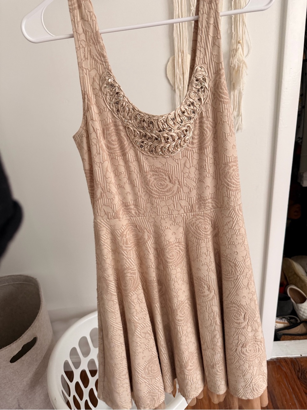 Free People Nude Lace Mini Dress with Braided Neckline